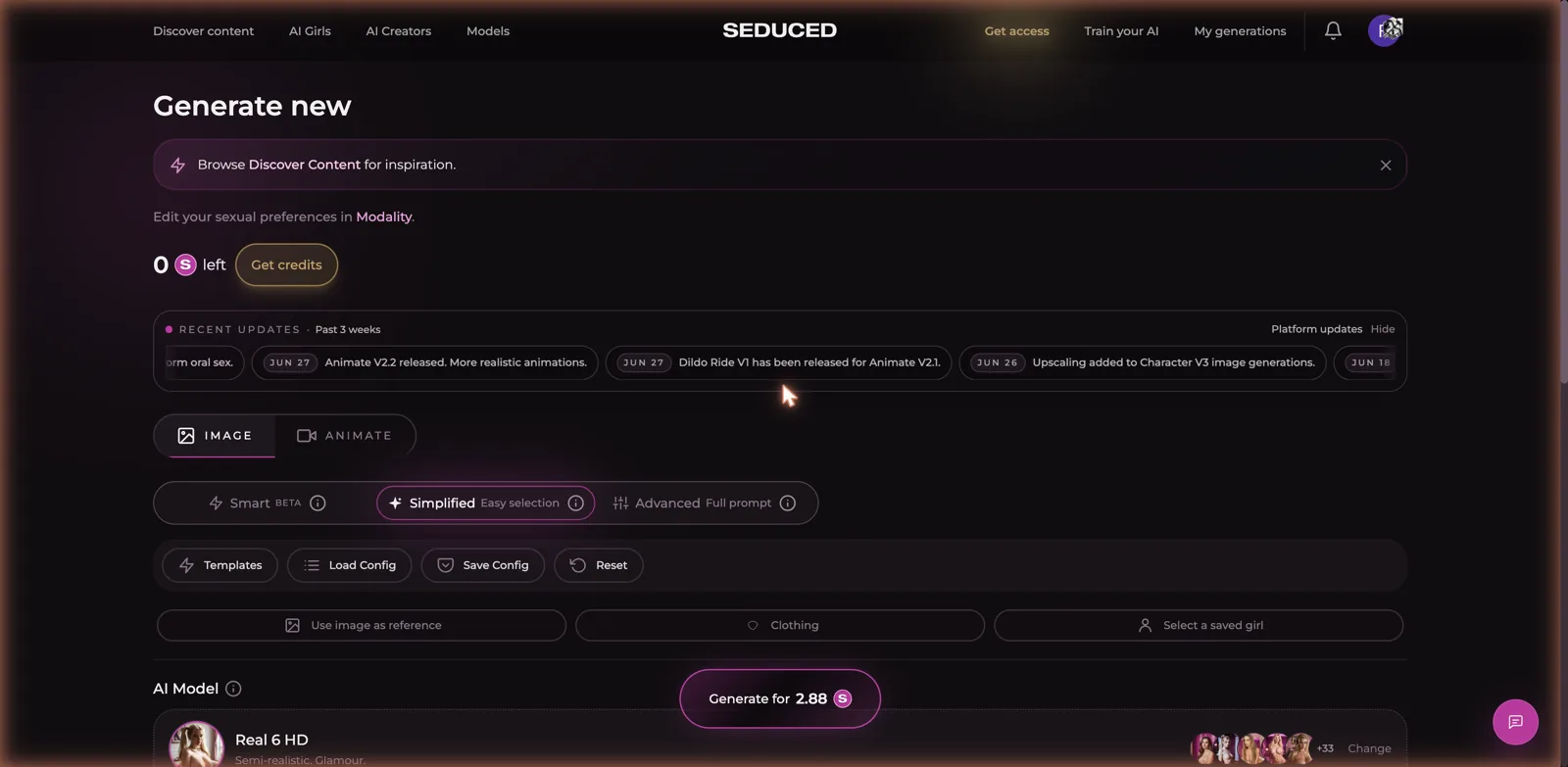 Seduced AI generation studio with image and animate tabs and Smart, Simplified, and Advanced modes