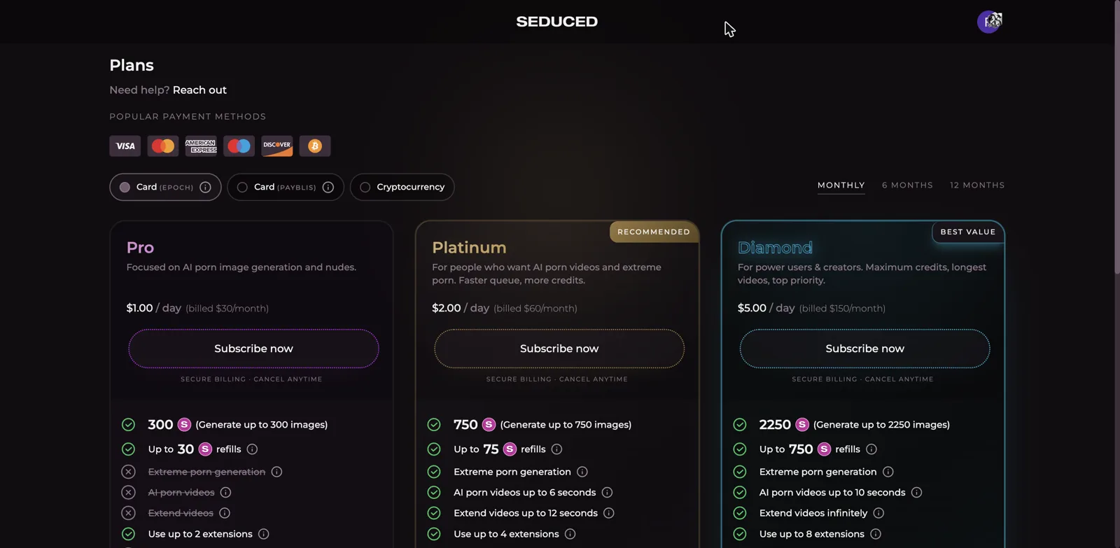 Seduced.AI pricing tiers Pro, Platinum, and Diamond with credits and feature gating