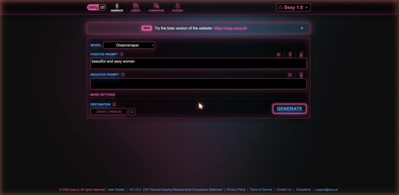 Sexy.ai Generate page with a model selector, positive and negative prompt boxes, a More Settings toggle and a Generate button