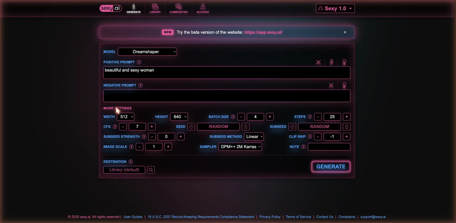 Sexy.ai advanced settings panel showing width, height, batch size, steps, CFG, seed, subseed, clip skip and a sampler dropdown