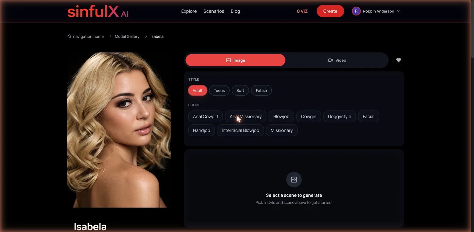 SinfulX AI model generator with style and scene menus