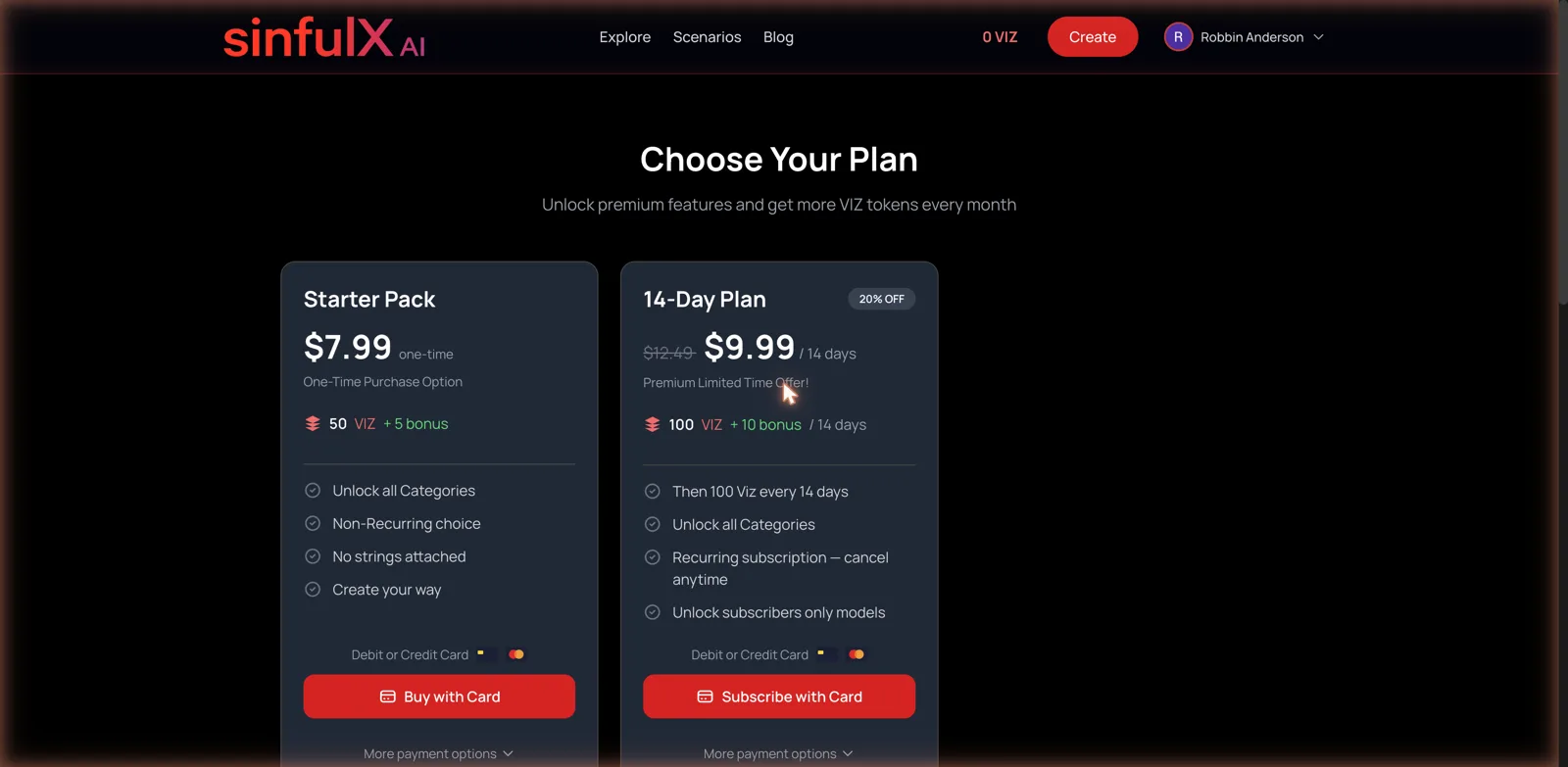 SinfulX AI pricing screenshot