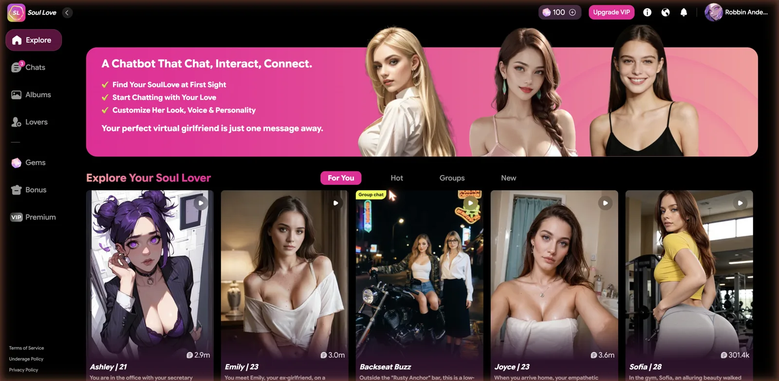 Soul Love AI explore page with AI girlfriend characters and a Groups tab