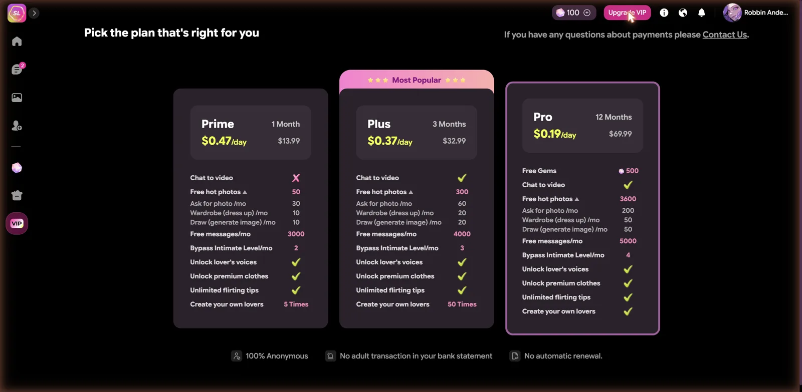 Soul Love AI VIP pricing plans with no automatic renewal