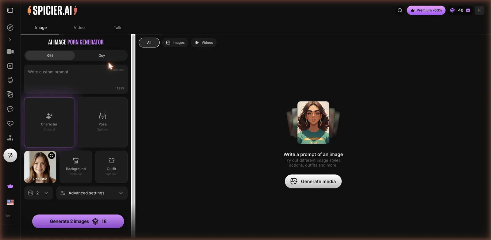 Spicier AI image porn generator interface