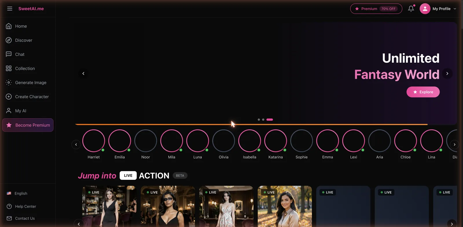 SweetAI.me home dashboard showing an Unlimited Fantasy World banner and a grid of AI girlfriend characters