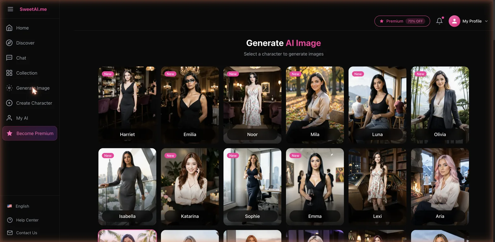 SweetAI Generate AI Image page prompting you to select a character to generate images