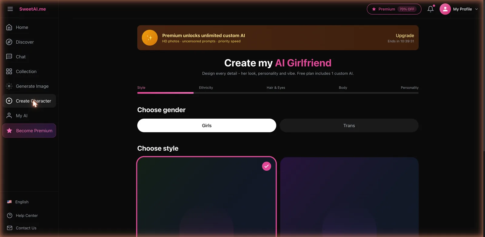 SweetAI Create my AI Girlfriend builder with steps for style, ethnicity, hair and eyes, body, and personality