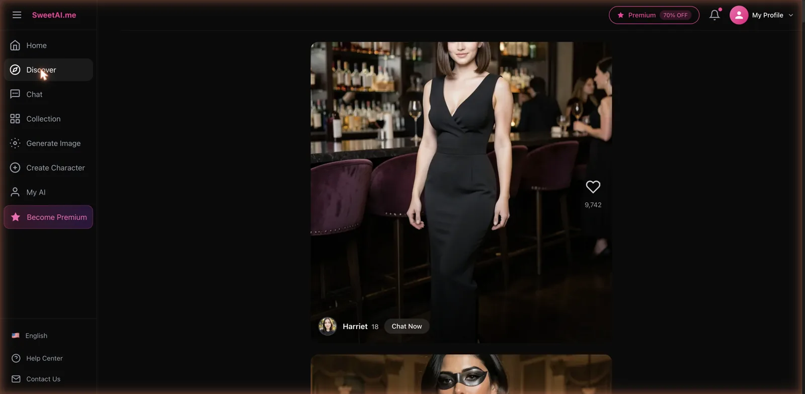 SweetAI Discover feed showing a full-screen character card with a like count and a Chat Now button