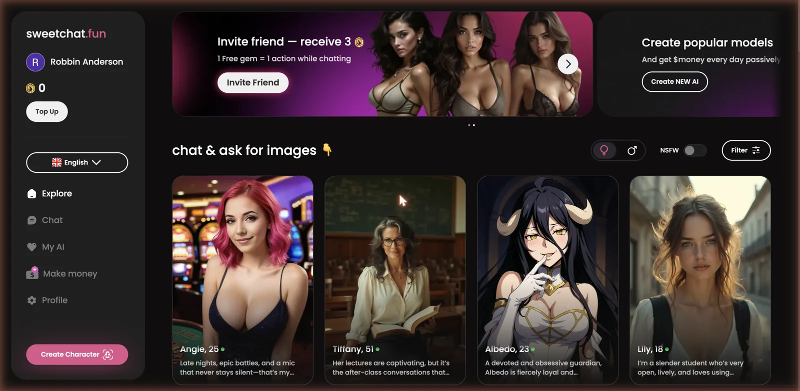 SweetChat explore page headed chat and ask for images, with a gem balance, gender and NSFW filters and community-made character cards