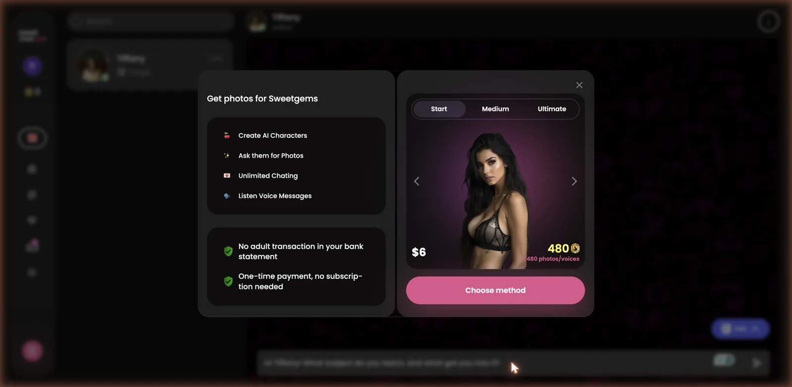 SweetChat Sweetgems purchase screen showing one-time gem packs, discreet billing and features like photos, voice and unlimited chatting