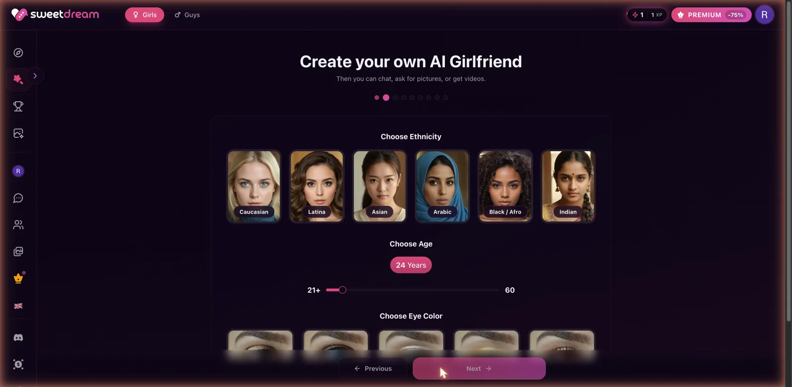 SweetDream AI character builder with ethnicity, a 21-plus age slider, and eye color