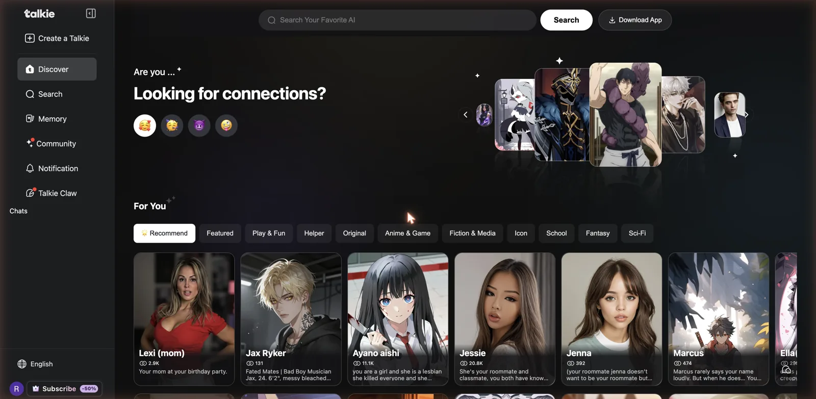 Talkie Discover feed showing anime and semi-realistic AI character cards sorted into categories