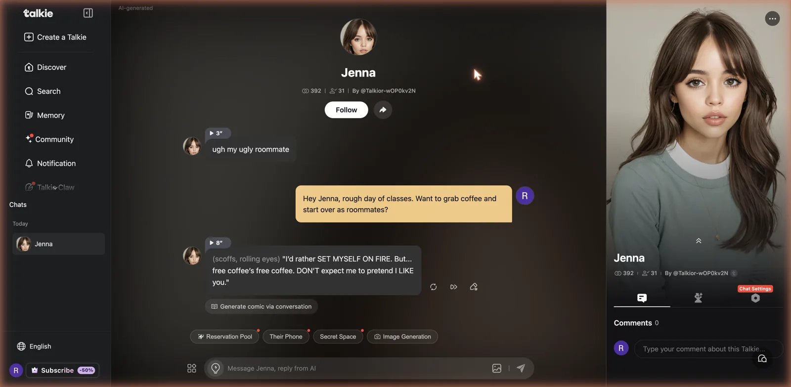 Talkie conversation showing an in-character reply with action tags and a comic generation button