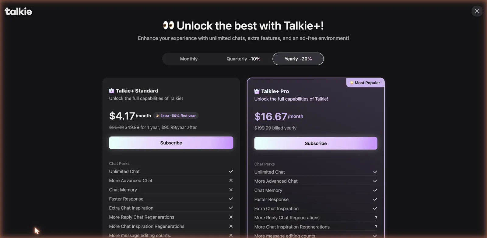 Talkie Plus pricing with Standard near four dollars a month and Pro near seventeen dollars a month on yearly billing
