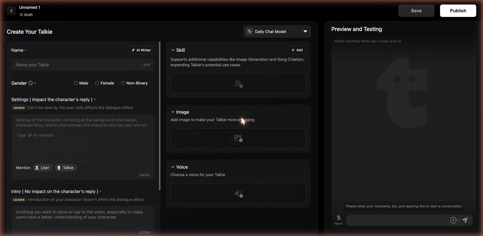 Talkie Creation Center with fields for name, gender, hidden settings, intro, skills, image, voice, and a live preview panel