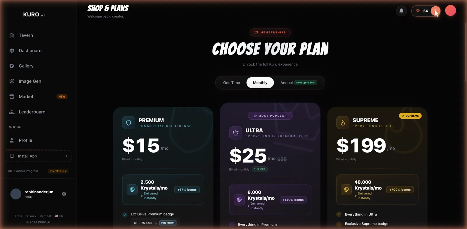 Kuro AI pricing page showing the Krystals subscription tiers