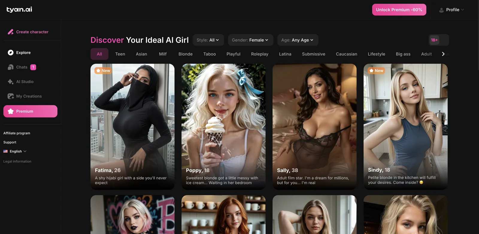 Tyan.ai Explore page showing a gallery of AI girlfriend characters with category filters
