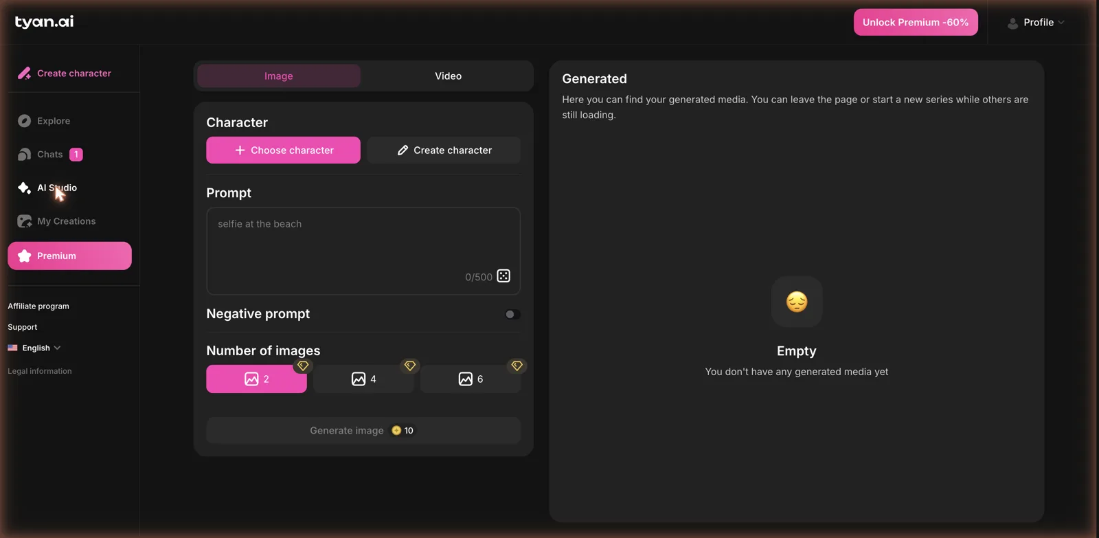 Tyan.ai AI Studio image generation panel with coin cost