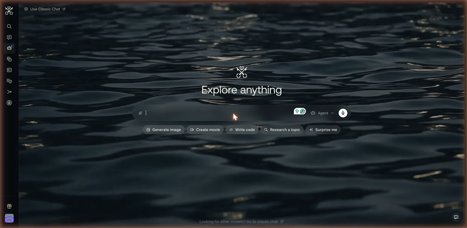 Venice AI home screen with an Explore anything prompt box and quick actions for image, movie, code, and research