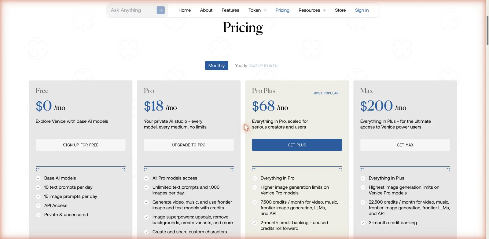 Venice pricing page showing Free, Pro at 18 dollars, Pro Plus at 68 dollars, and Max at 200 dollars per month