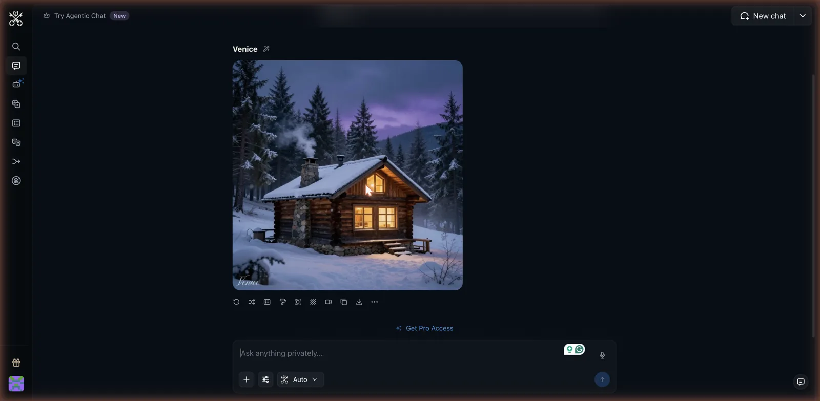 Venice image generation result of a snowy mountain cabin at dusk with warm window light, plus a toolbar for upscale and animate