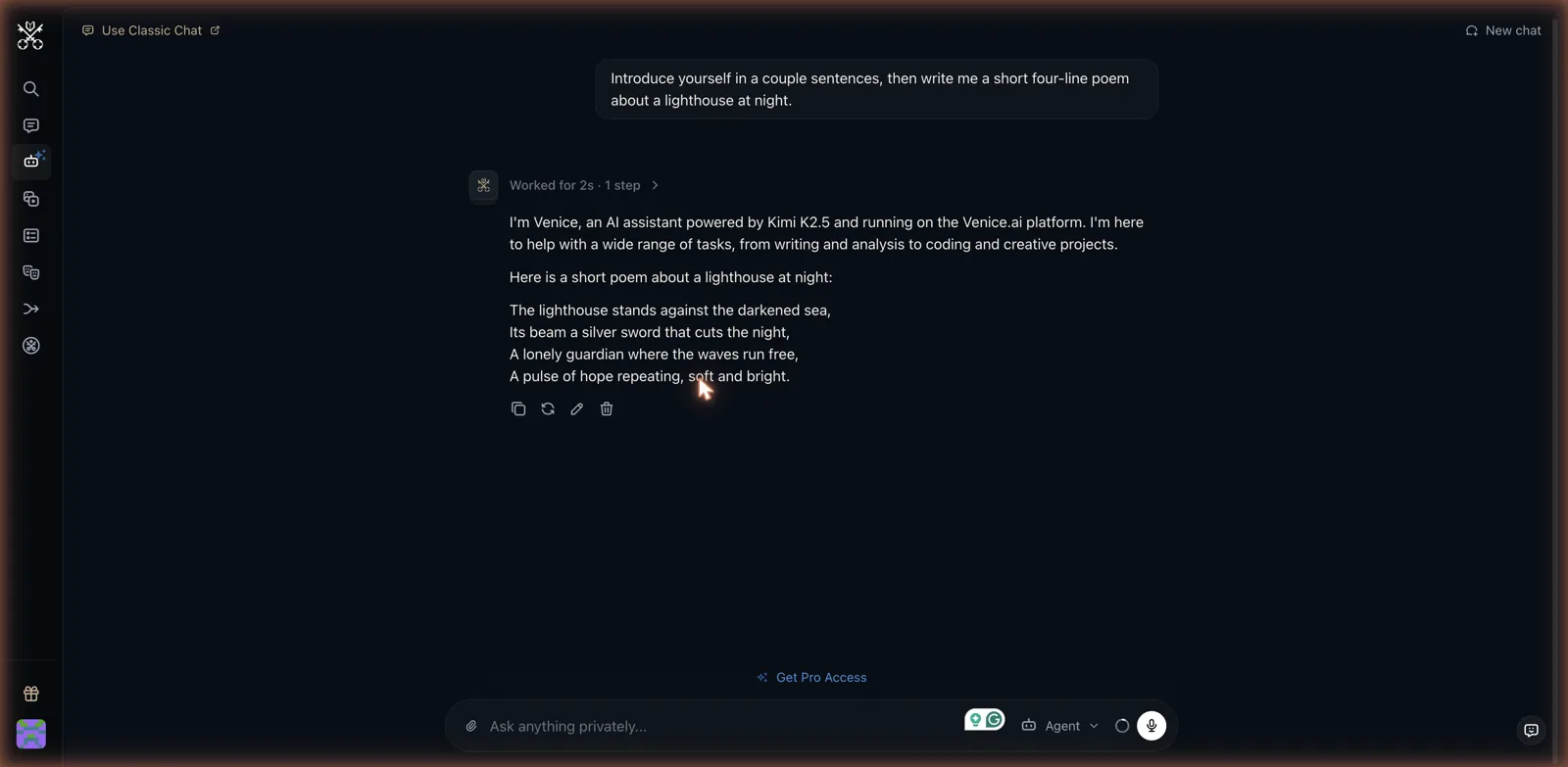 Venice AI agent chat interface screenshot