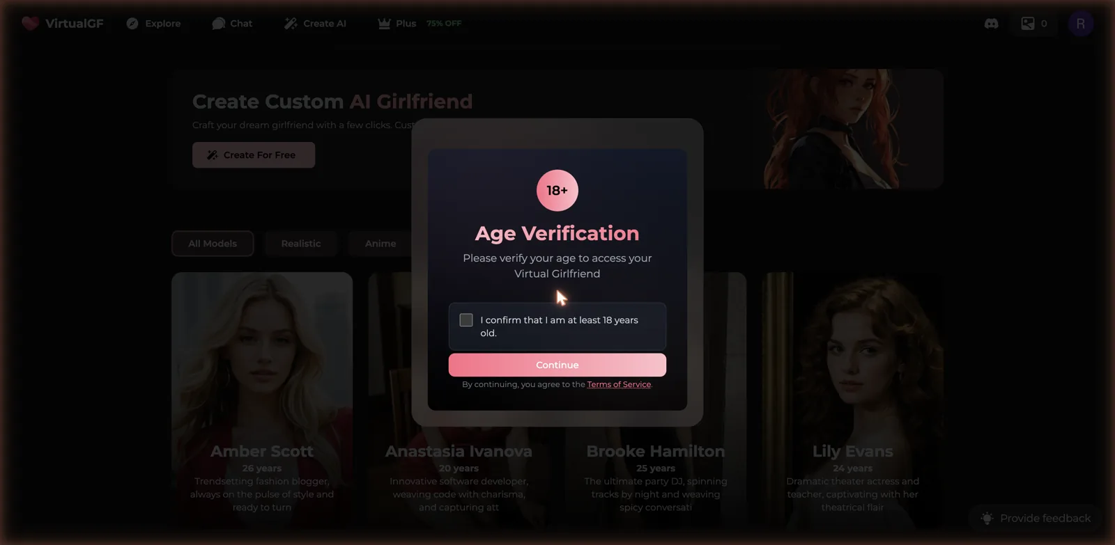 VirtualGF home page showing a grid of AI girlfriend characters with a Create Custom AI Girlfriend banner and Realistic and Anime filters