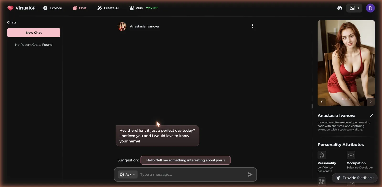 VirtualGF chat interface with a character greeting, a suggestion chip, an Ask image dropdown and a message bar