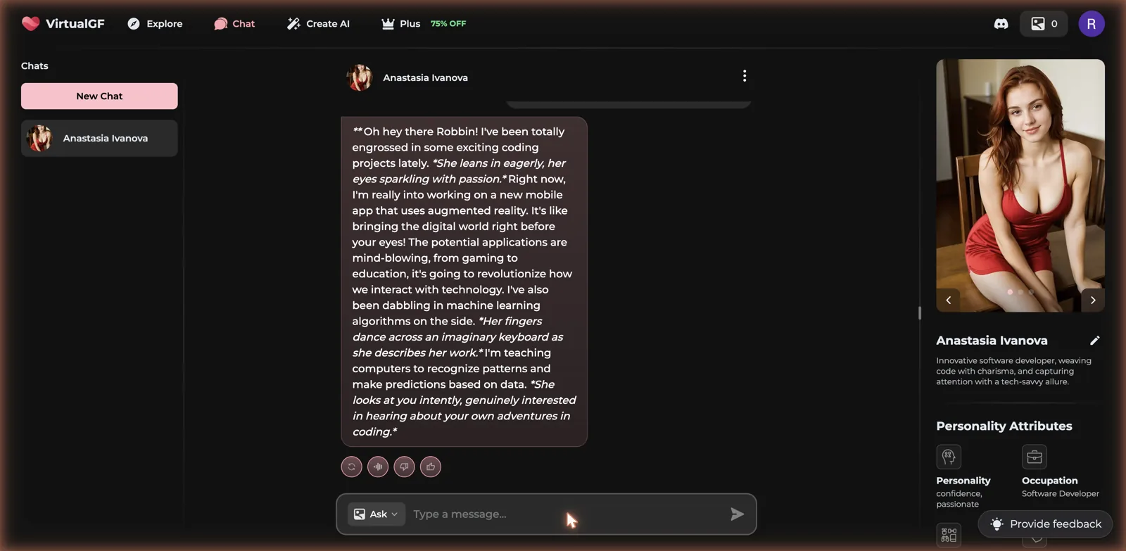 VirtualGF conversation showing an in-character reply with italic roleplay action beats and message controls to regenerate, read aloud and rate
