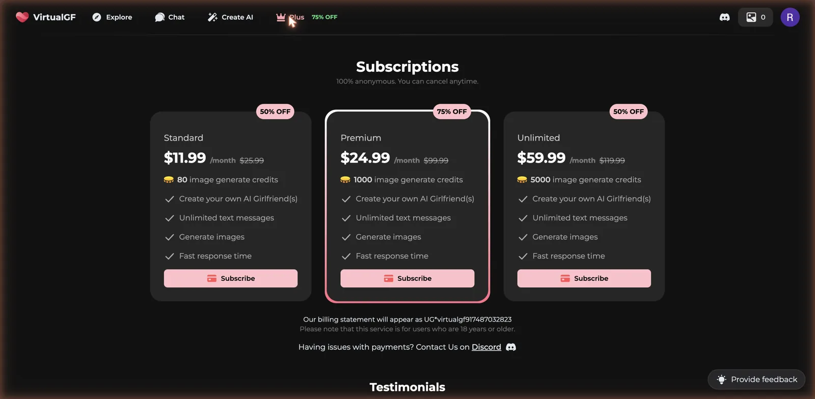 VirtualGF subscription pricing with Standard, Premium and Unlimited tiers that differ mainly by the number of image generation credits
