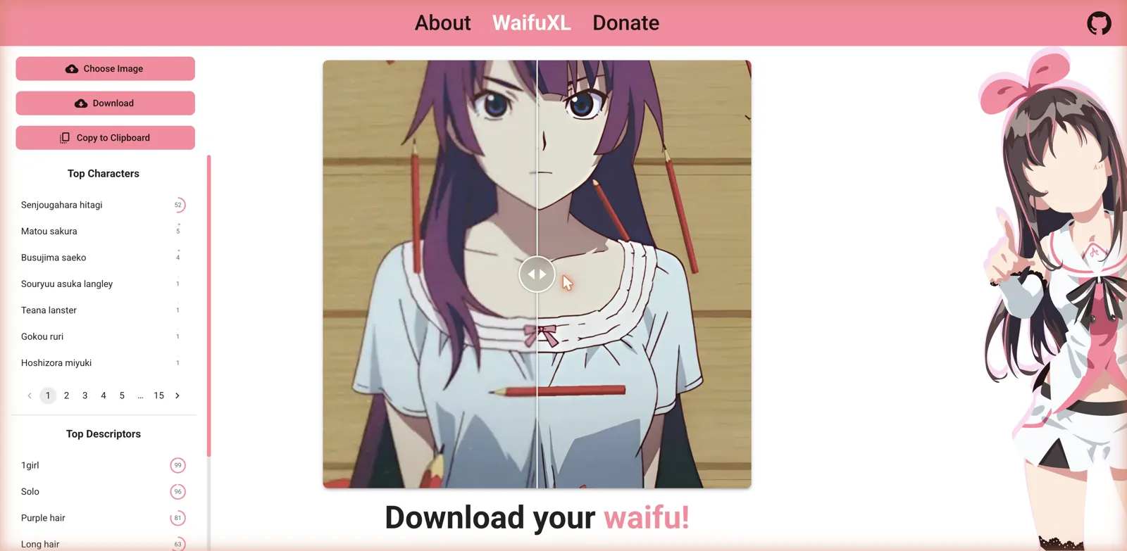 WaifuXL home page with a before-and-after slider on an anime image and lists of Top Characters and Top Descriptors it recognized