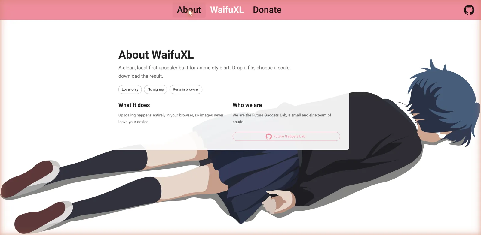 WaifuXL's about page, explaining how the upscaler runs locally in your own browser.