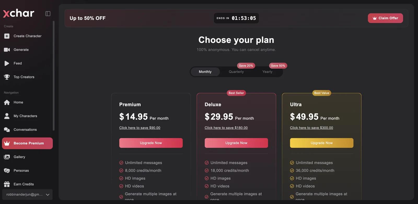 xchar AI Premium, Deluxe and Ultra pricing plans