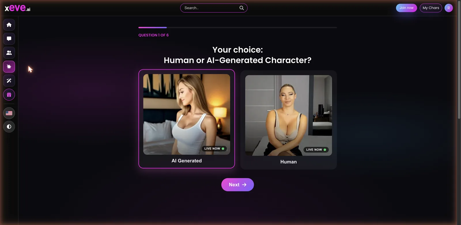 Xeve.ai character builder asking Human or AI-Generated character