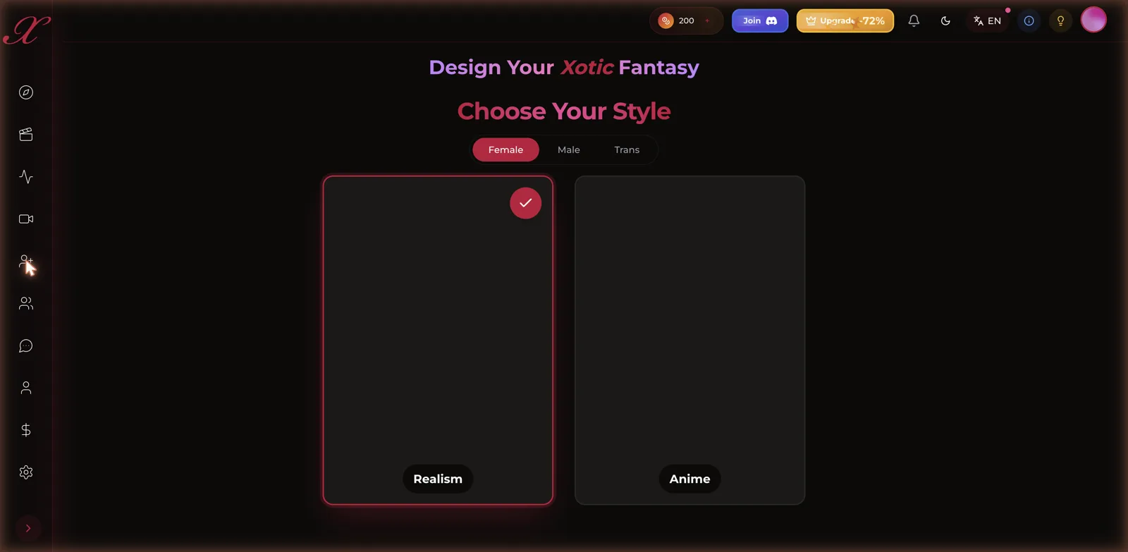 Xotic AI character builder choosing a realistic or anime style
