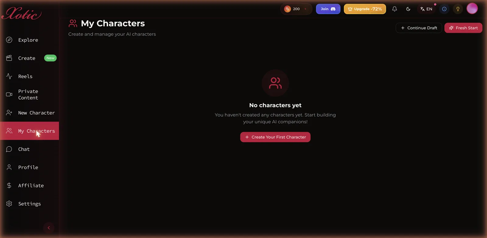 Xotic AI My Characters page and full sidebar navigation