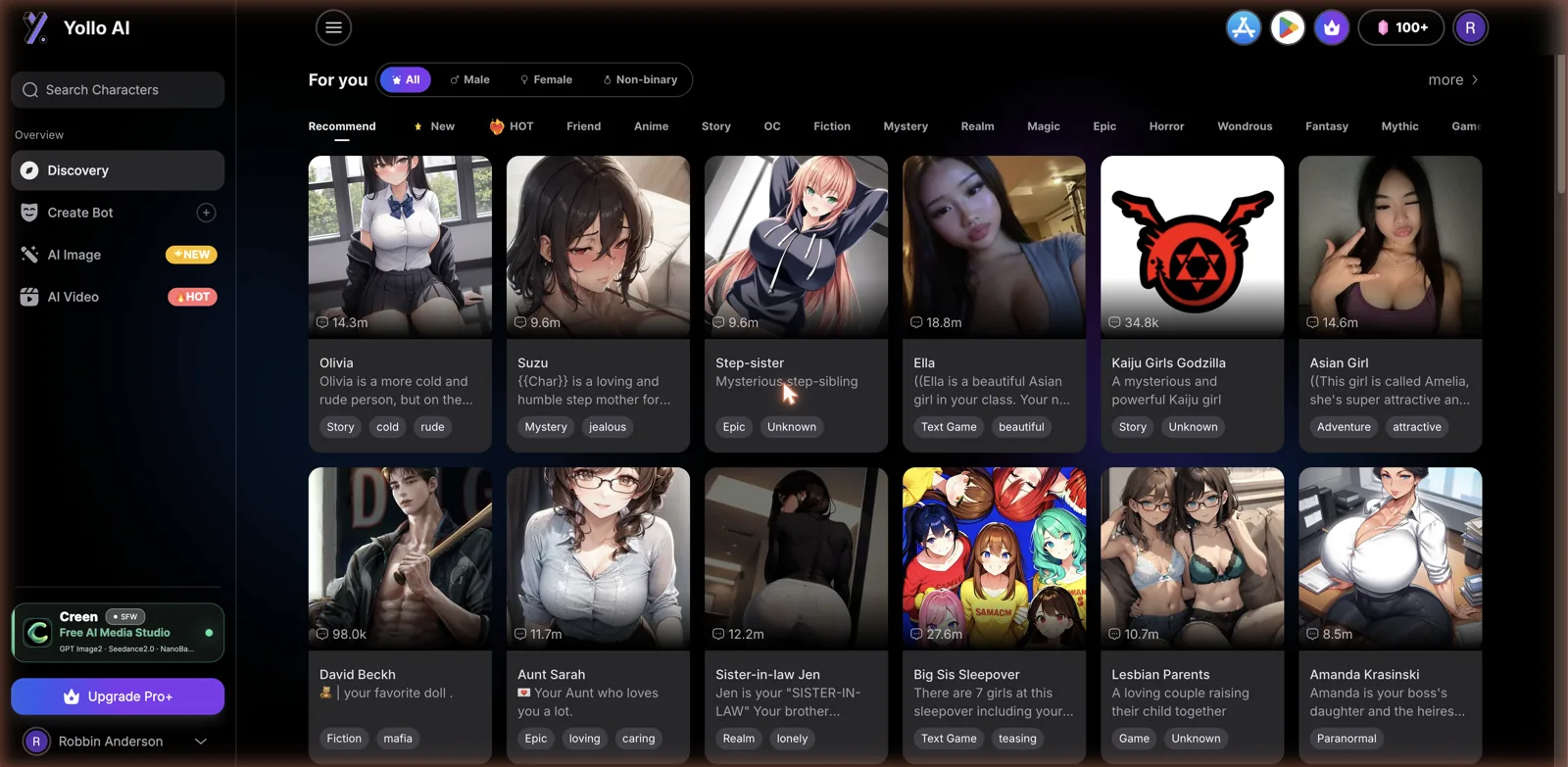 Yollo AI discovery page with a grid of community characters, gender filters, and category tabs