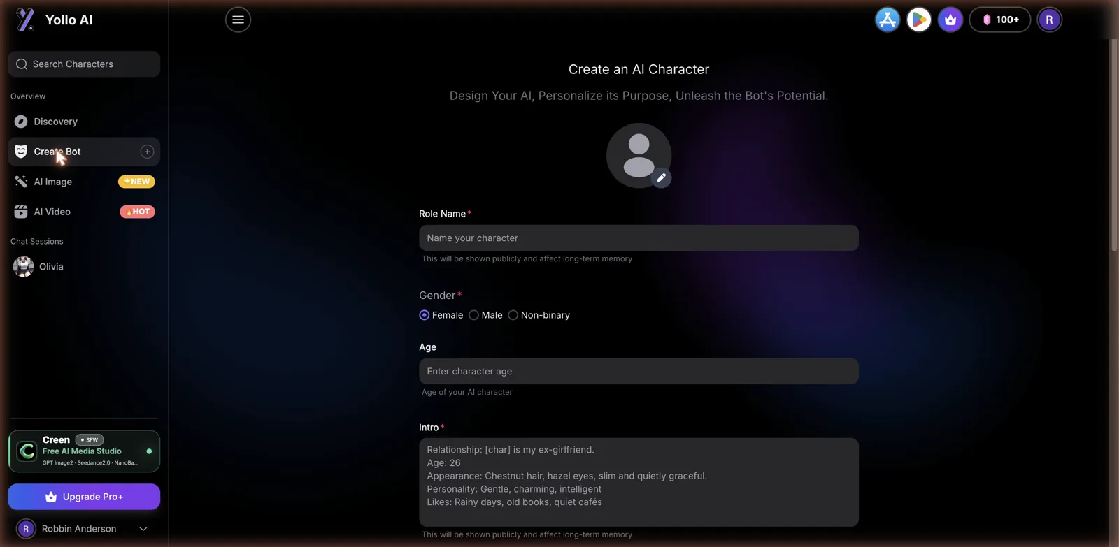 Yollo AI Create Bot form with role name, gender, age, and an intro template