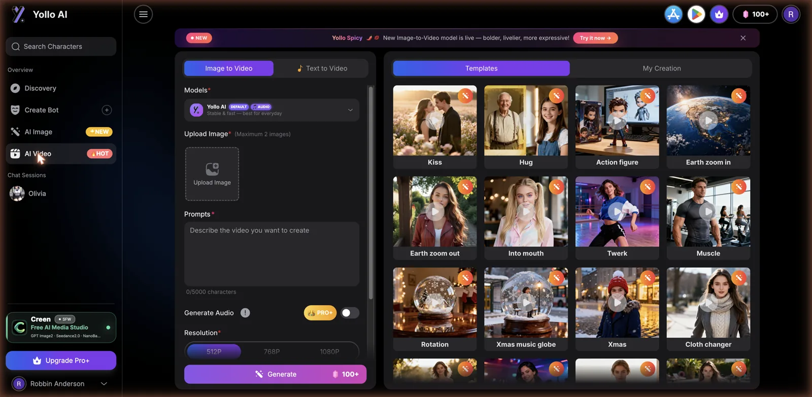 Yollo AI video generator with image-to-video controls, resolution options, and motion templates