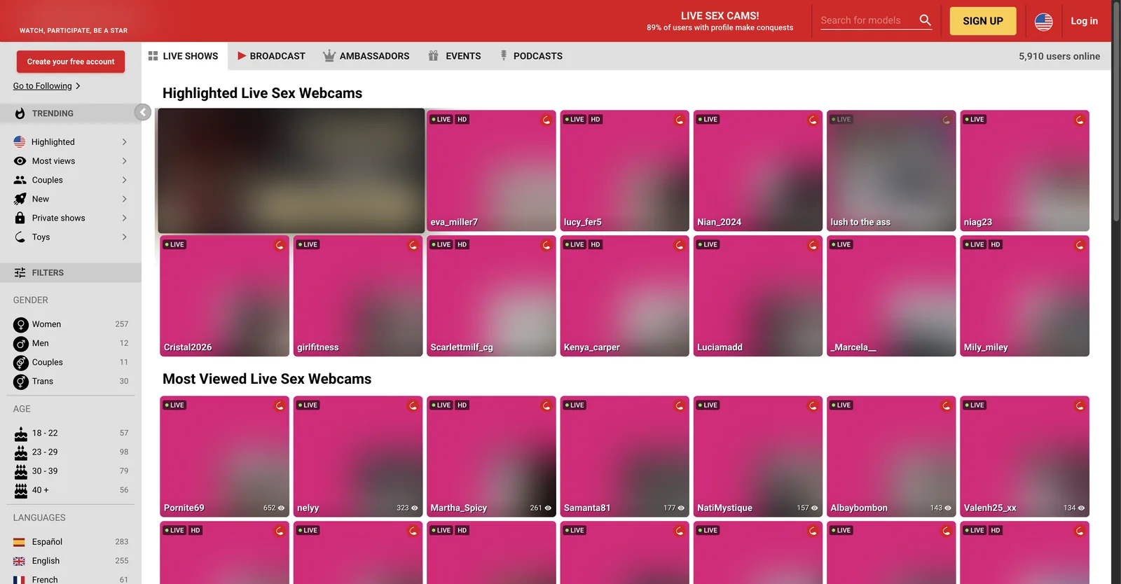 Amateur.tv home page showing highlighted and most viewed live webcam tiles with live and HD badges, beside a left filter rail listing gender, age and language counts