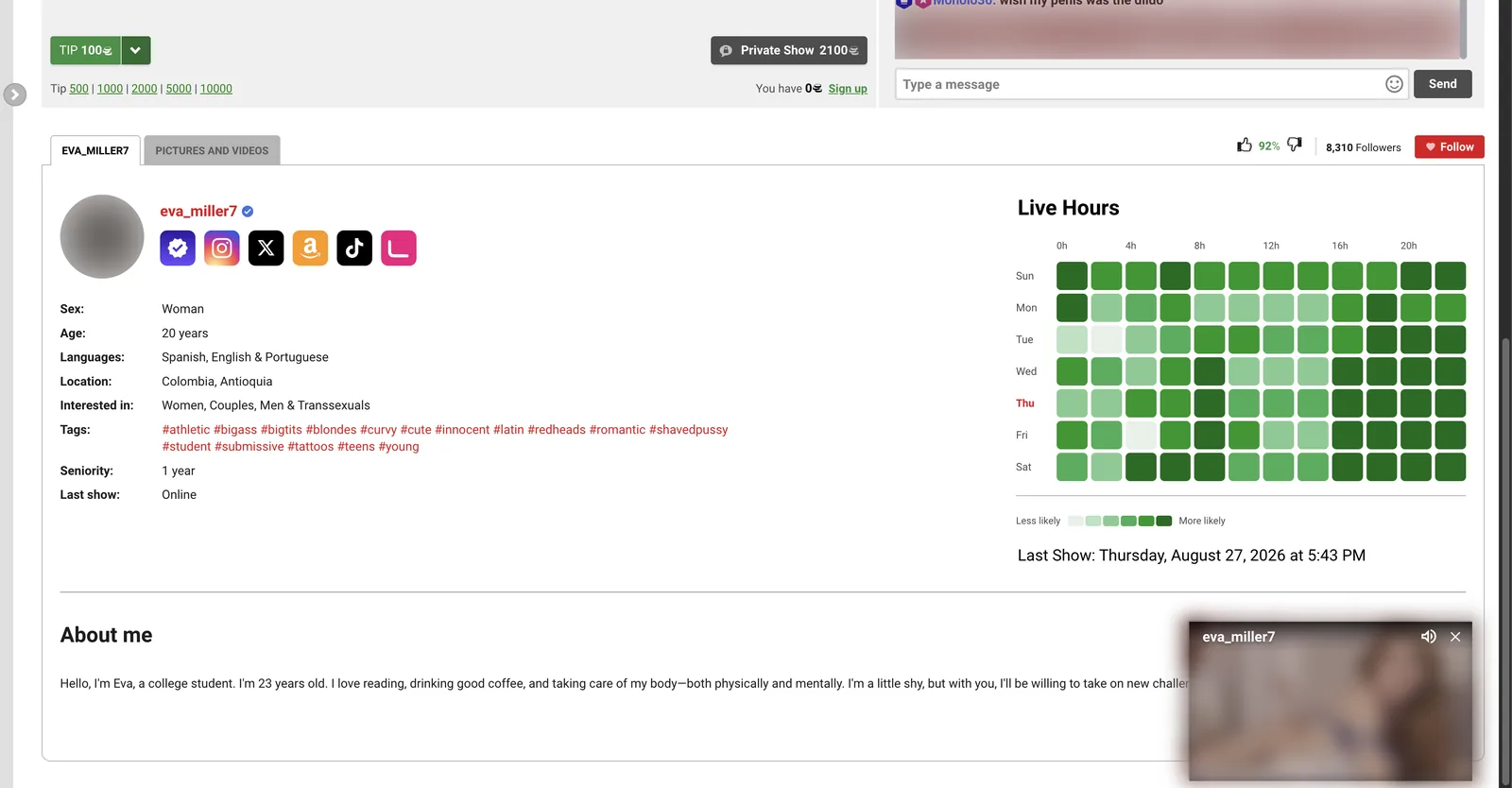 Amateur.tv performer profile listing structured fields for languages, location, tags and seniority, beside a weekly Live Hours heatmap shading the hours the performer is most likely to stream