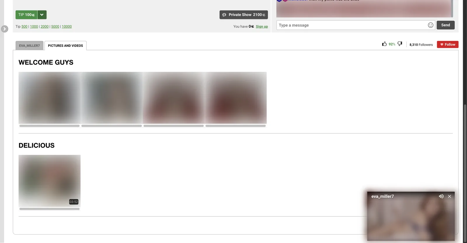 Amateur.tv pictures and videos tab showing named albums of recorded content with duration labels