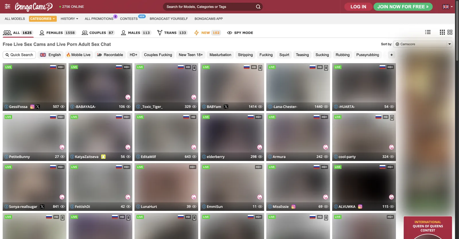 BongaCams home page showing a bright grid of live room tiles with country flags, HD badges and viewer counts, above gender tabs and a tag row