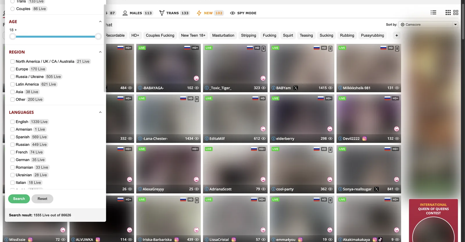 BongaCams filter panel open over the grid, showing region and language options each with a live model count, and a search result line reading 1555 live out of 86626