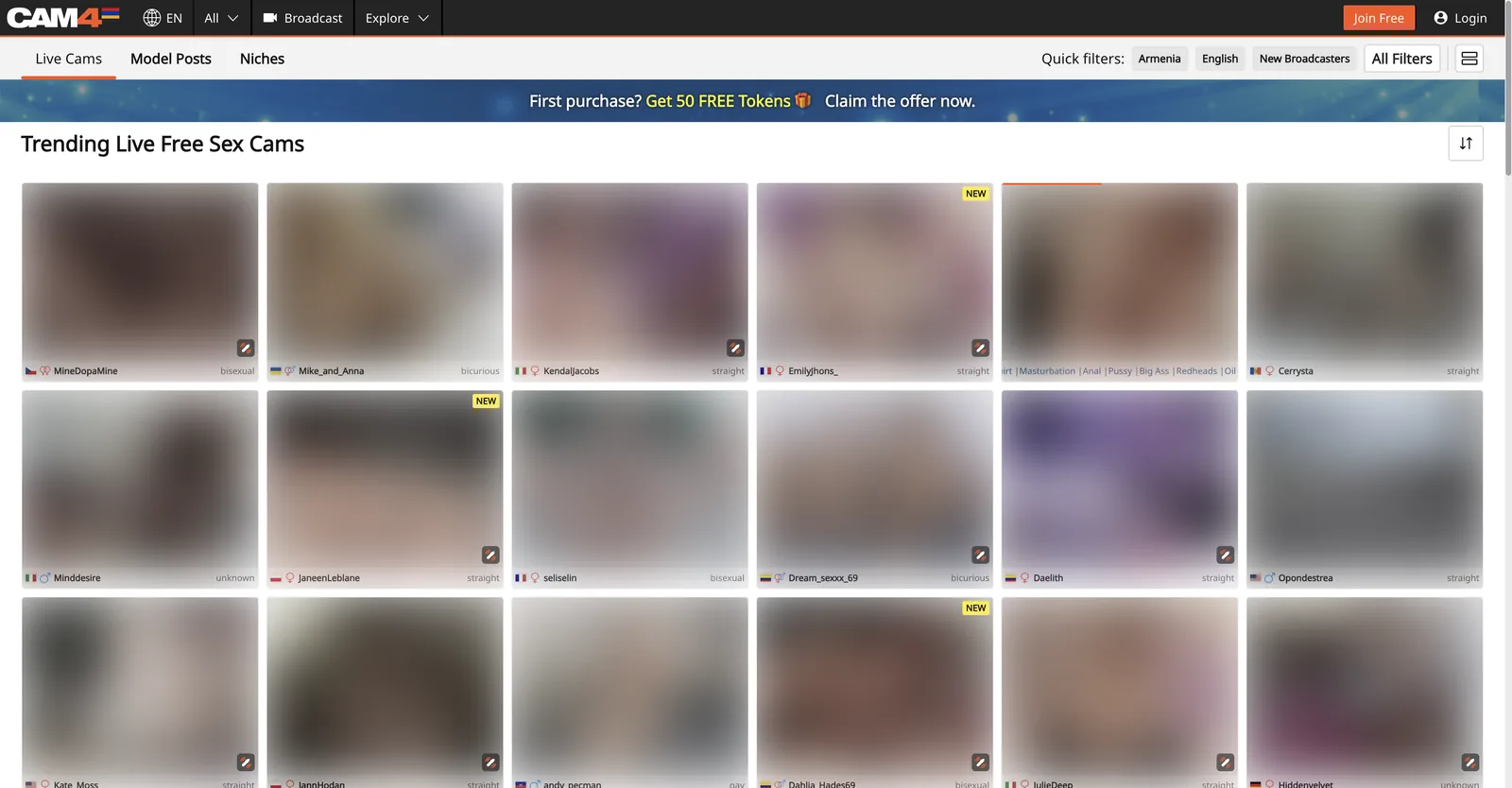Cam4 trending live cams grid, each tile carrying a country flag, a gender symbol and an orientation label such as straight, gay or bisexual