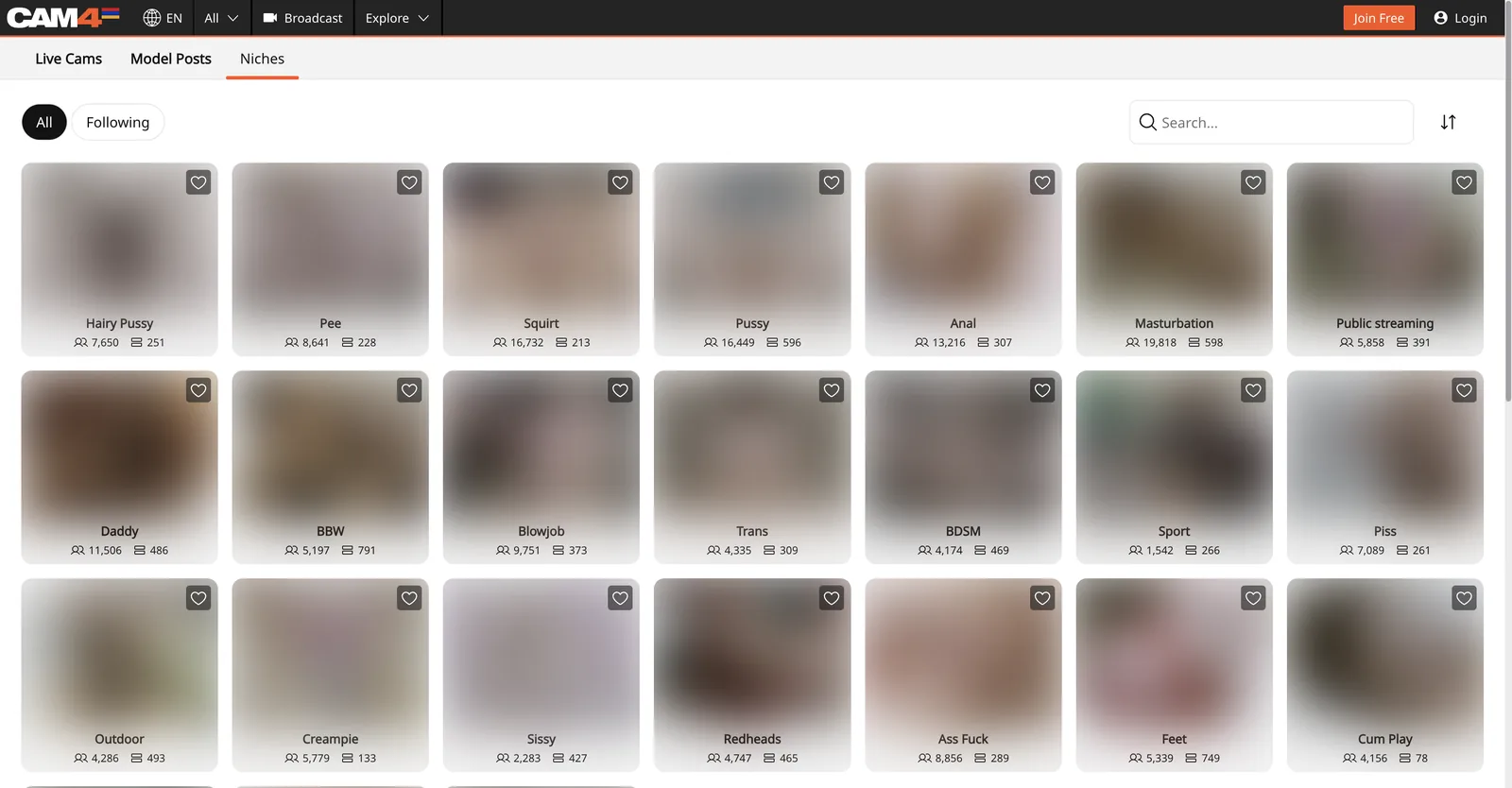Cam4 niches page showing tiles for each niche with a follower count and a post count beneath the name