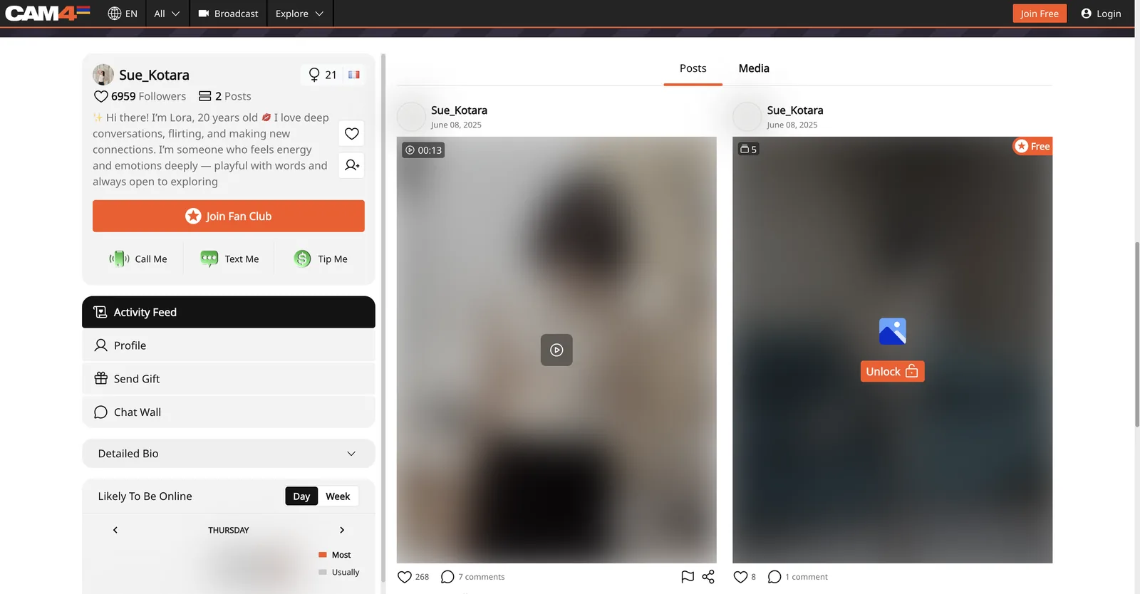 Cam4 model profile page showing a bio, fan club button, call, text and tip options, an activity feed menu, a likely-to-be-online schedule chart and a feed of posts with unlock buttons