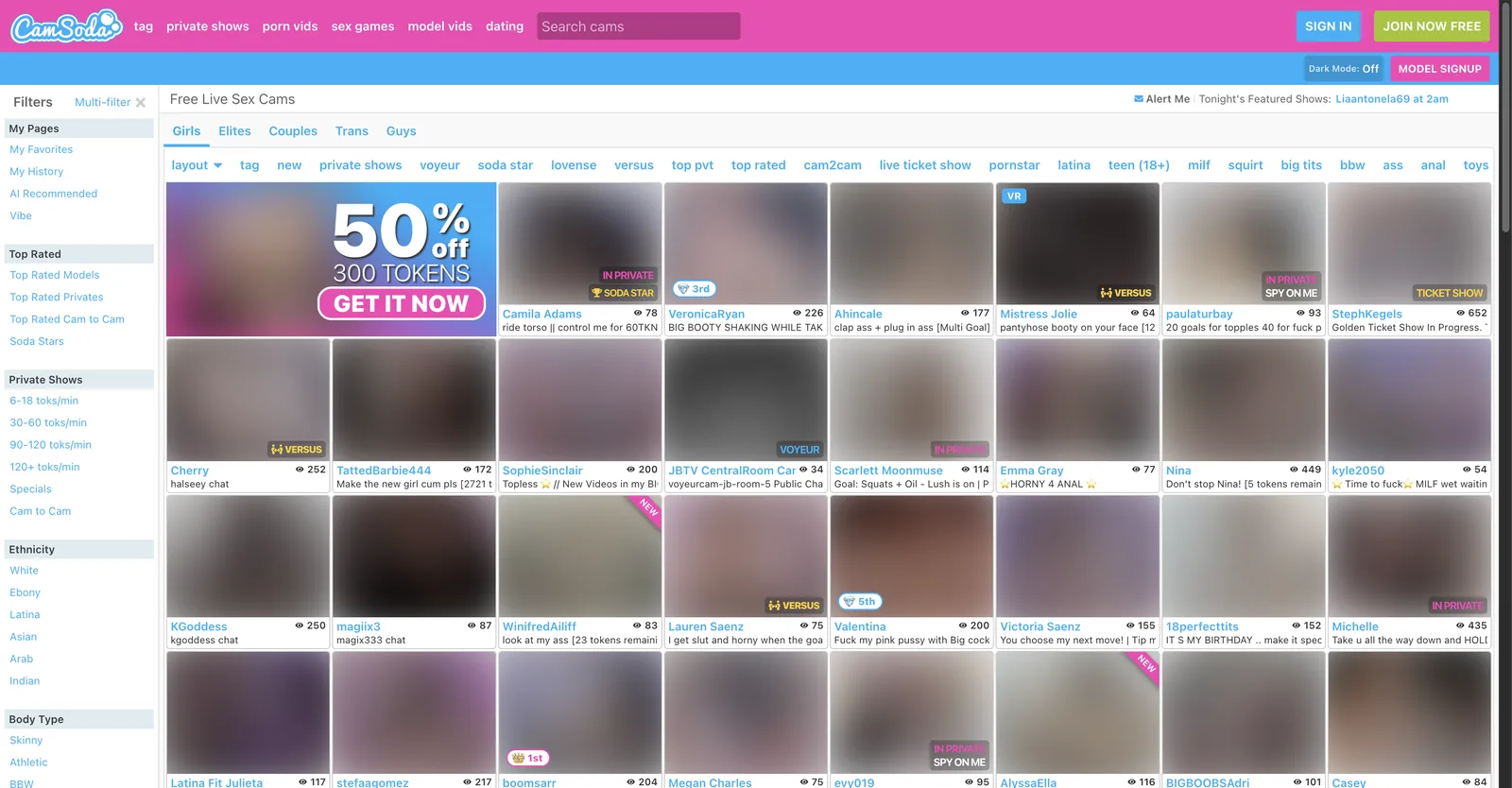 CamSoda home page showing a grid of live room tiles with viewer counts, a tag strip across the top and a filter rail down the left