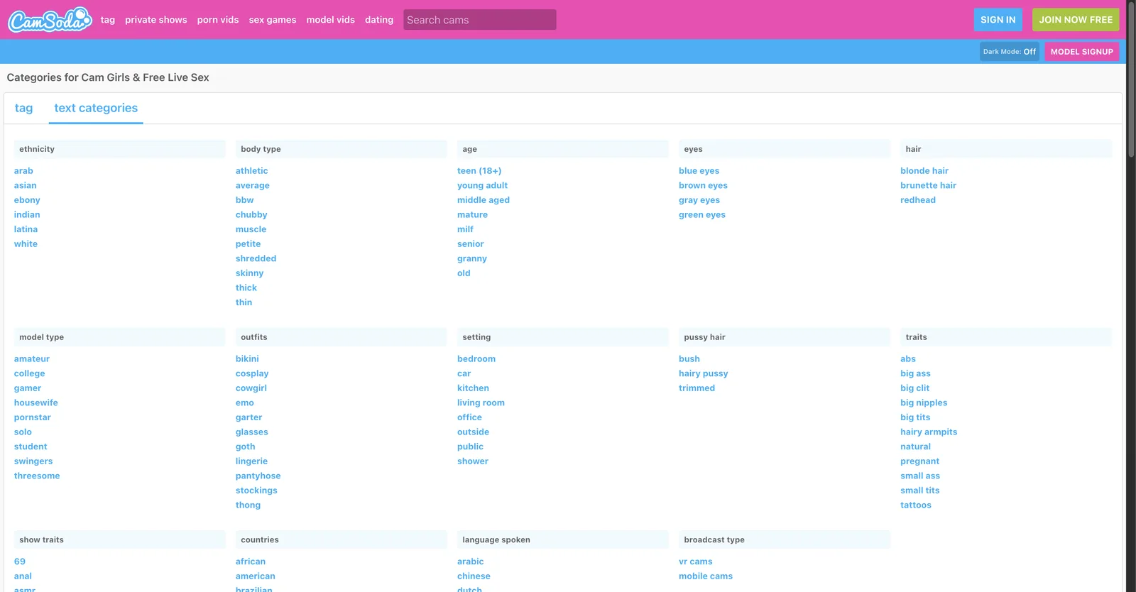 CamSoda categories page laid out in columns for ethnicity, body type, age, eyes, hair, model type, outfits, setting and traits